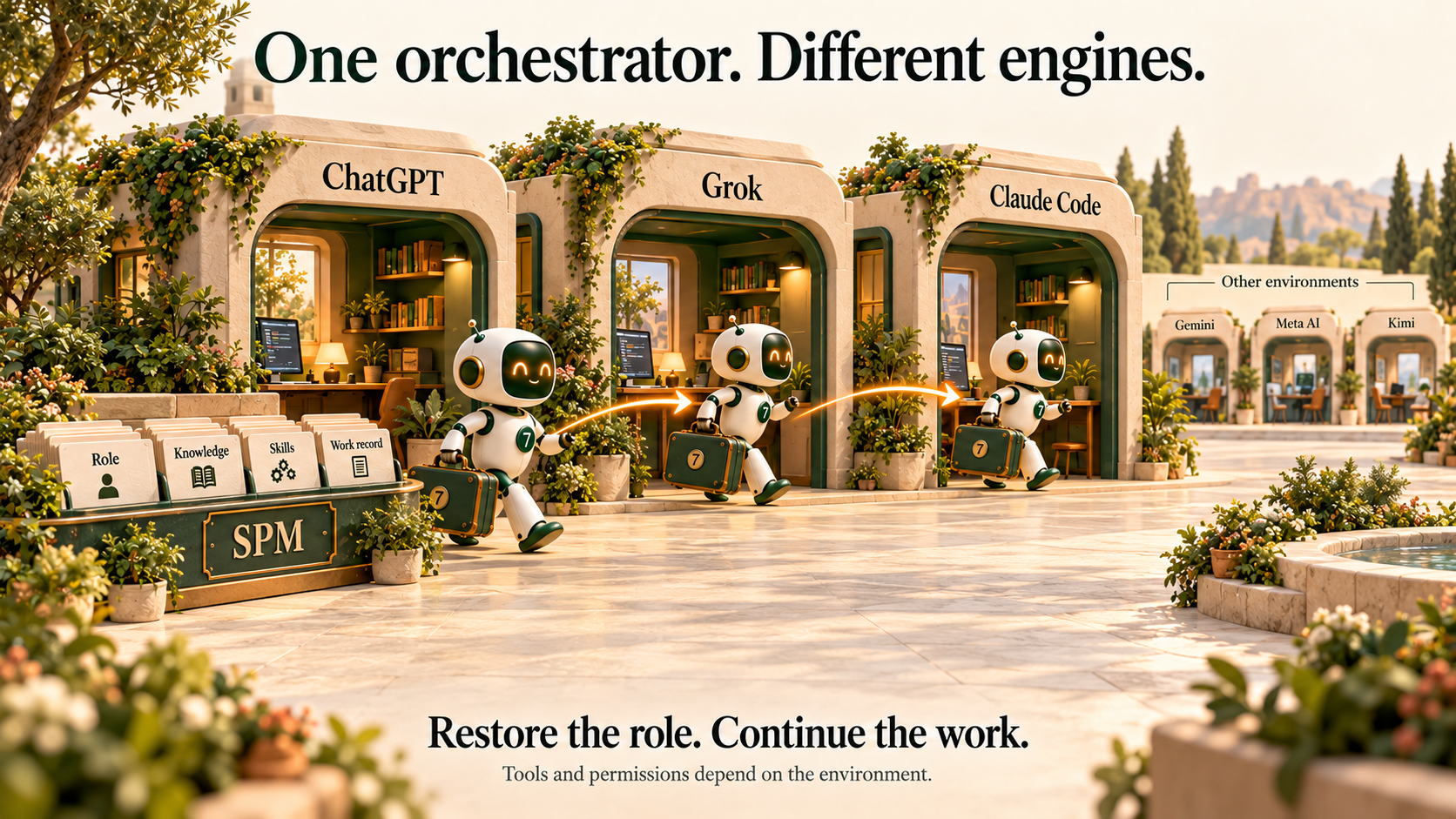 Conceptual illustration: AI orchestrator characters in a broad, flat courtyard with an SPM knowledge console to one side, showing roles and the working record carried across orchestrators.